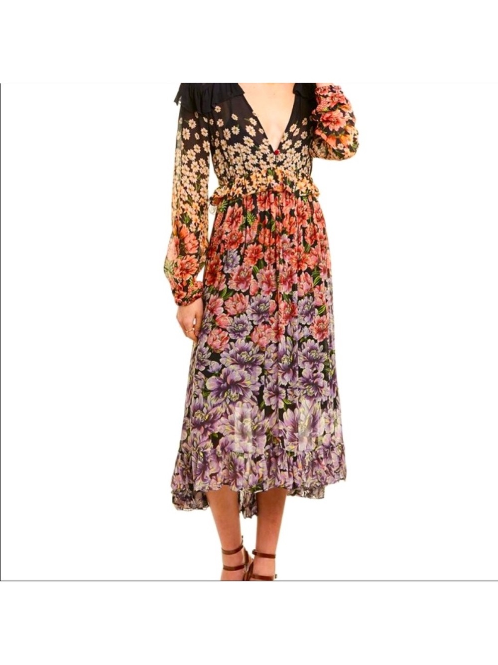 FARM Rio Black Multi Floral V-Neck Midi Dress